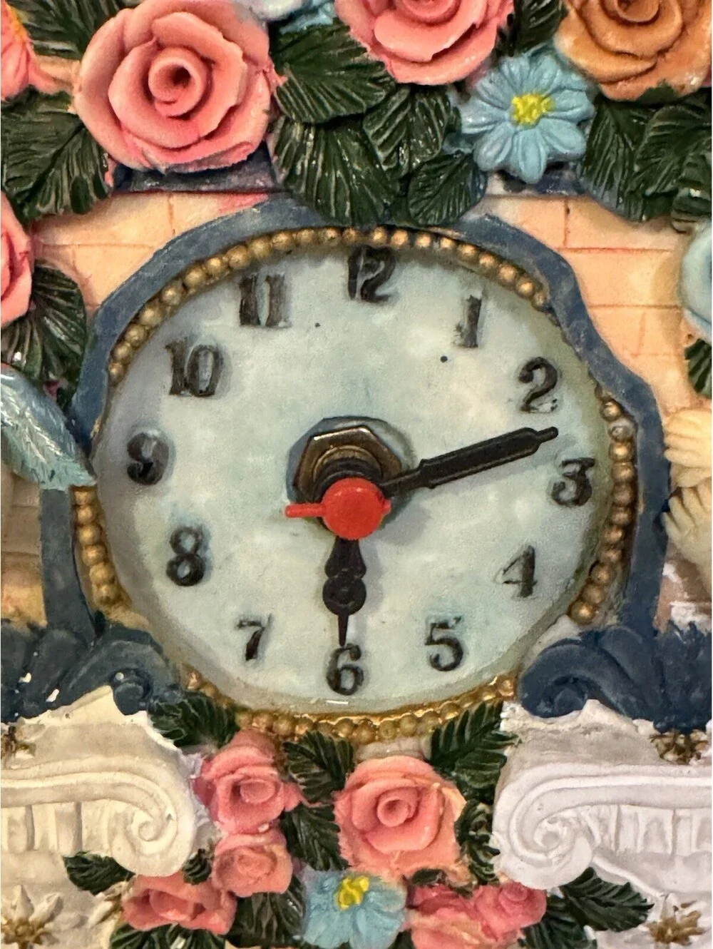 Vintage Cherub Angel Pendulum Clock Roses Floral Resin 9” Mantel AS IS Repair